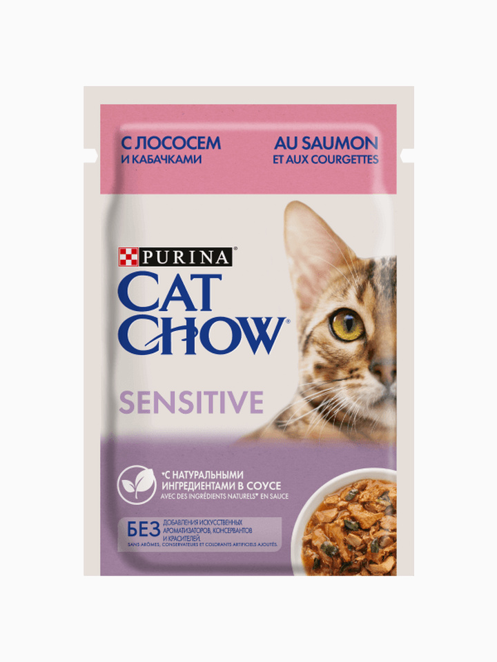 Корм Cat Chow Sensitive (в соусе) для кошек с чувствительным пищеварением, с лососем и кабачками, 85 г