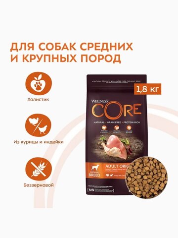 Корм Wellness CORE Original для собак средних и крупных пород, индейка с курицей, 1.8 кг