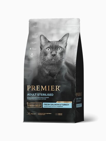 Корм Premier Sterilised Low Grain Salmon & Turkey (низкозерновой) для стерилизованных кошек, лосось с индейкой, 400 г