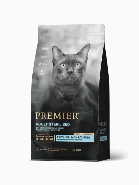 Корм Premier Sterilised Low Grain Salmon & Turkey (низкозерновой) для стерилизованных кошек, лосось с индейкой, 400 г