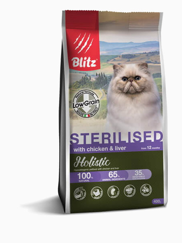 Корм Blitz Holistic Sterilised Chicken & Liver (низкозерновой) для стерилизованных кошек курица и печень, 400 г