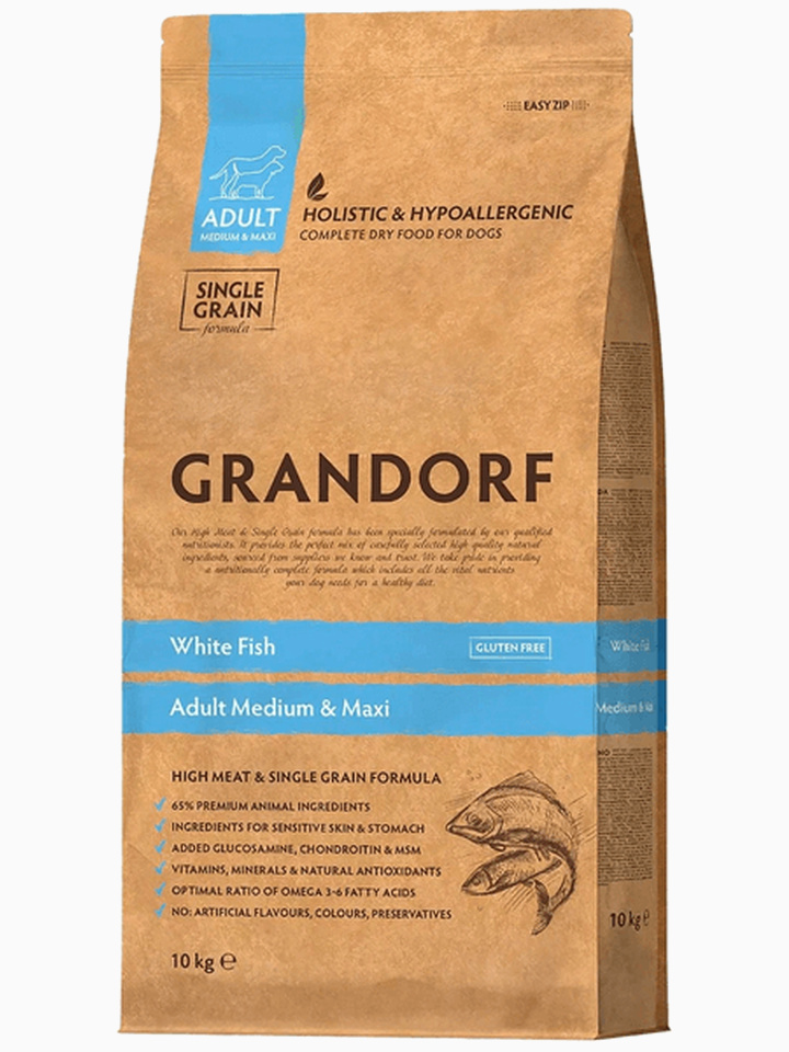 Корм Grandorf Adult All Breeds для собак всех пород (низкое содержание зерна) белая рыба с рисом, 10 кг