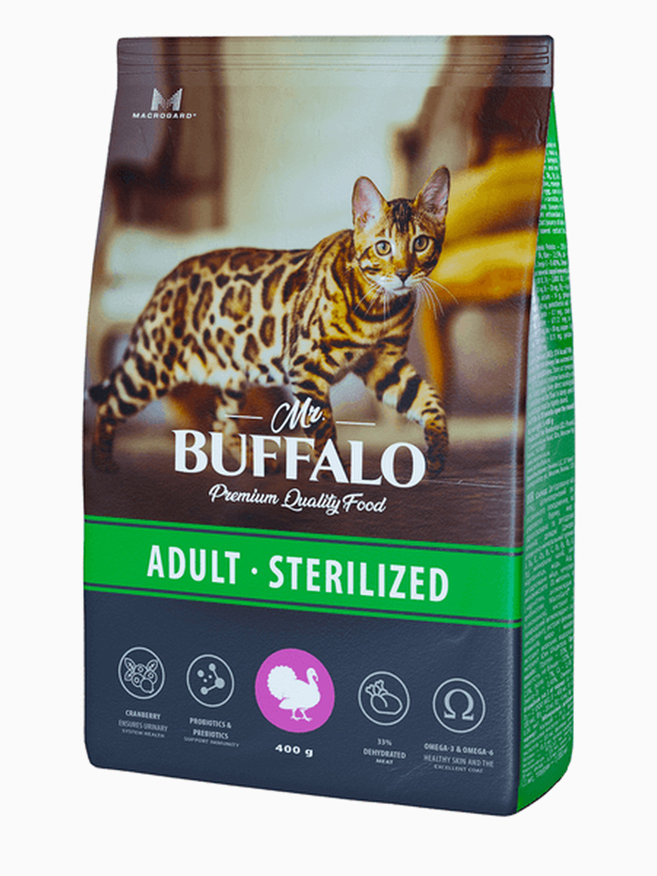 Корм MR.BUFFALO ADULT STERILIZED для взрослых кастрированных котов и стерилизованных кошек с индейкой, 400 г