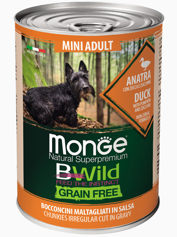 Корм Monge Dog BWild GRAIN FREE Mini беззерновые консервы из утки с тыквой и кабачками для взрослых собак мелких пород 400г
