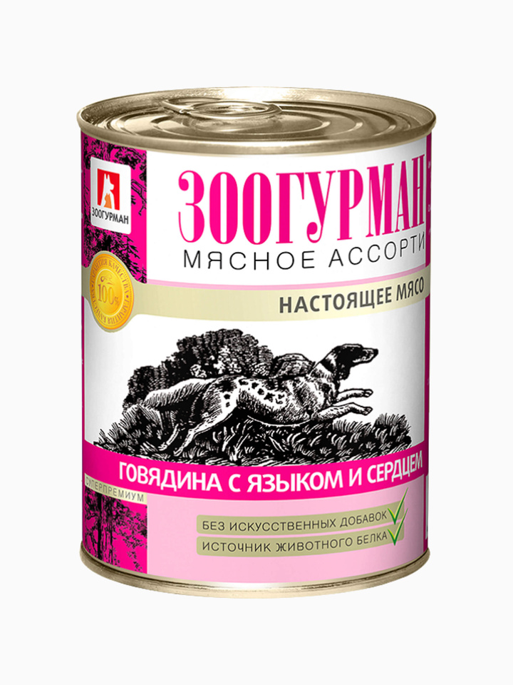 Корм Зоогурман консервы Мясное Ассорти для взрослых собак всех пород, говядина, язык и сердце 350 г