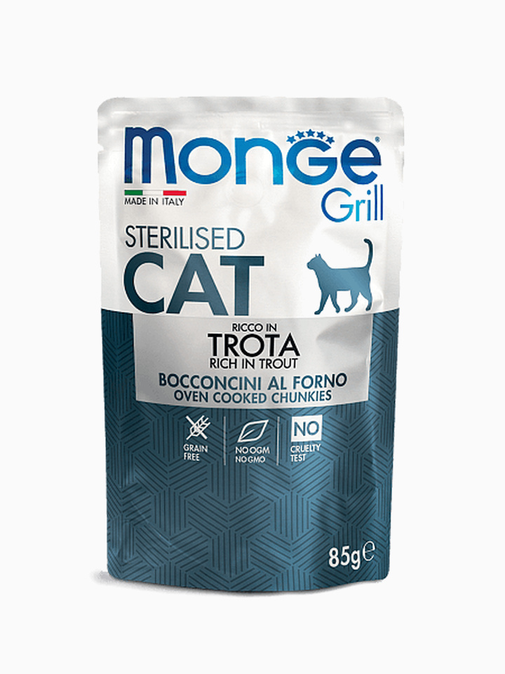 Корм Monge Grill Pouch Sterilised Trout для стерилизованных кошек с итальянской форелью, 85 г