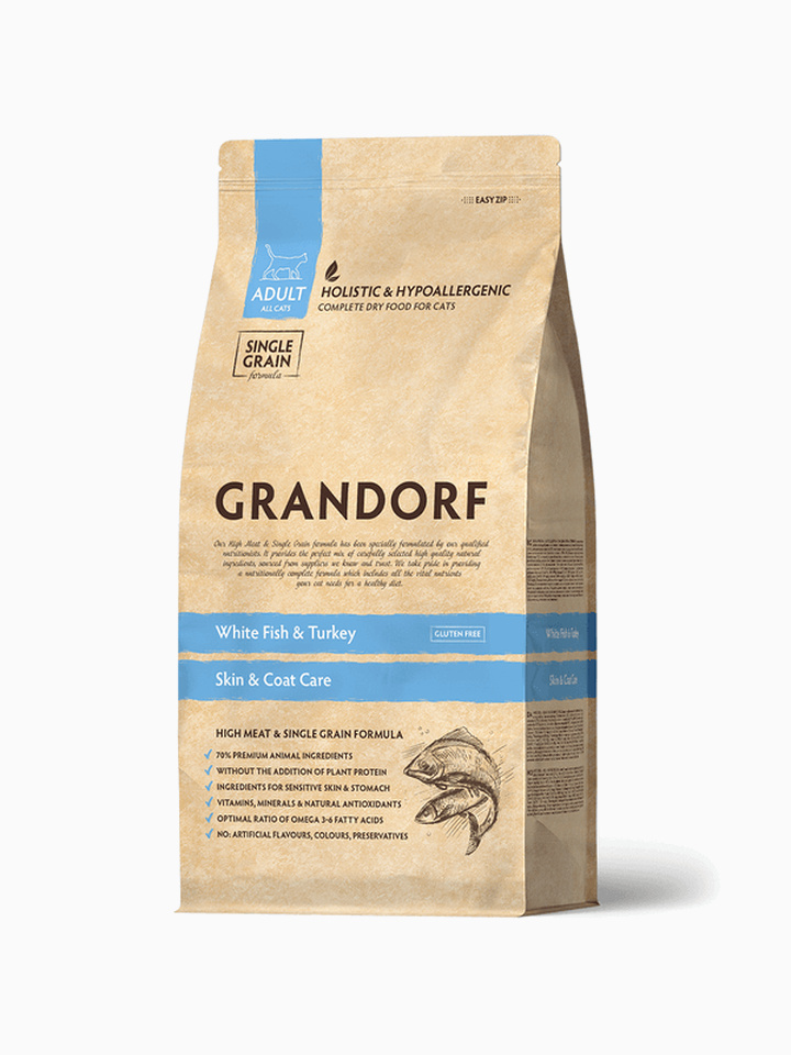 Корм Grandorf White Fish & Turkey Skin & Coat Care Holistic для кошек, забота о коже и шерсти, белая рыба с индейкой, 2 кг