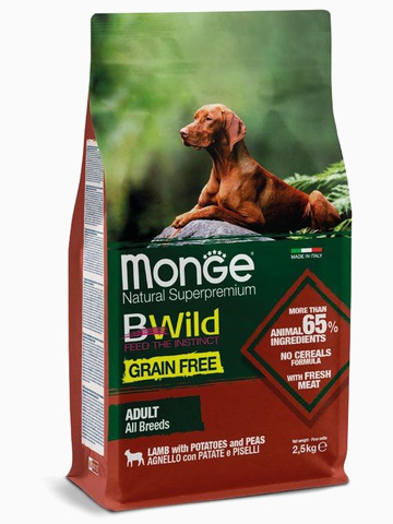 Корм Monge Dog BWild GRAIN FREE беззерновой корм из мяса ягненка с картофелем и горохом для взрослых собак всех пород 2,5 кг