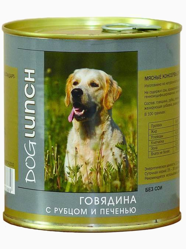 Корм DOG LUNCH консервы для взрослых собак с говядиной, рубцом и печенью в желе, 750 г