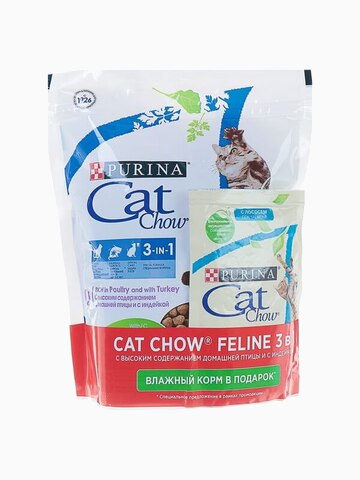 Корм Cat Chow 3 in 1 для кошек тройная защита 3 в 1 (МКБ, вывод шерсти, защита зубов), 400 г + 85 г (влажного корма) в ПОДАРОК
