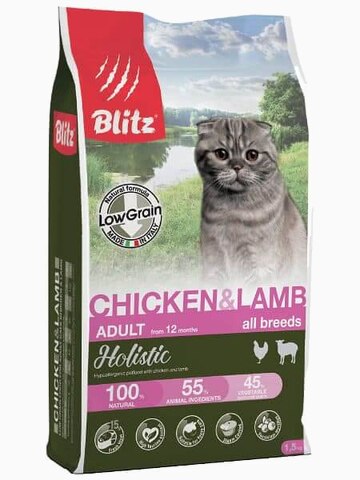 Корм Blitz Holistic Chicken & Lamb (низкозерновой) для кошек курица и ягненок, 1.5 кг