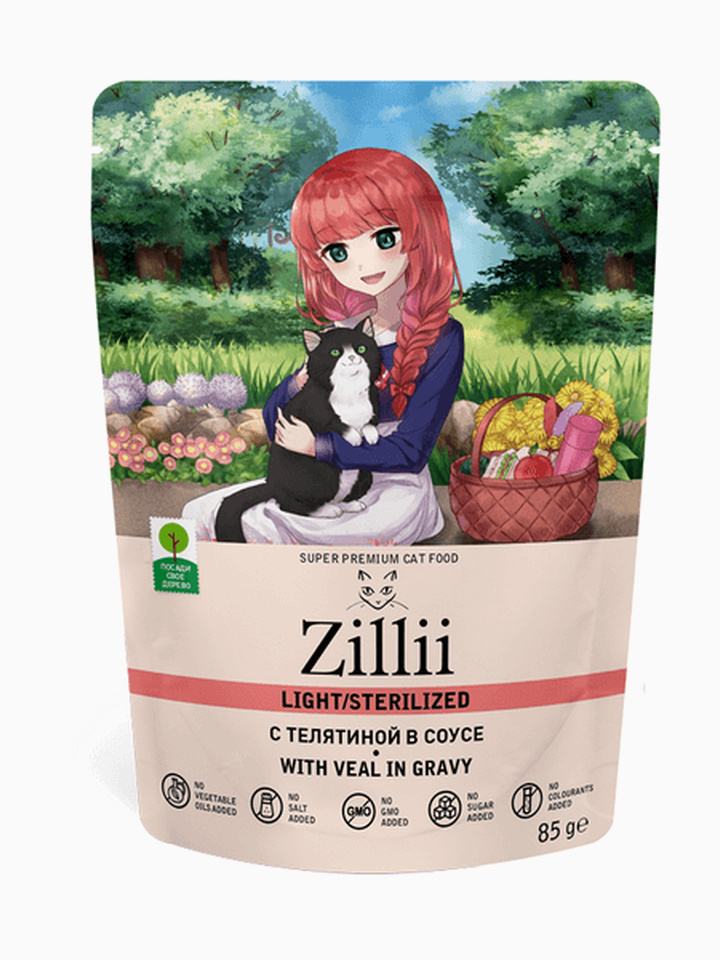 Корм Zillii Light/Sterilized для страдающих лишним весом и стерилизованных кошек, телятина в соусе, 85 г