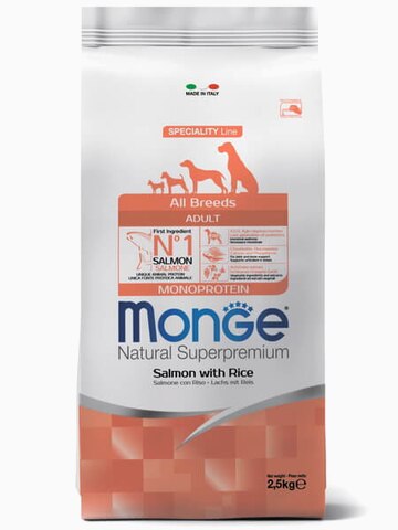 Корм Monge Dog Speciality Line Monoprotein для взрослых собак всех пород, из лосося с рисом 12 кг