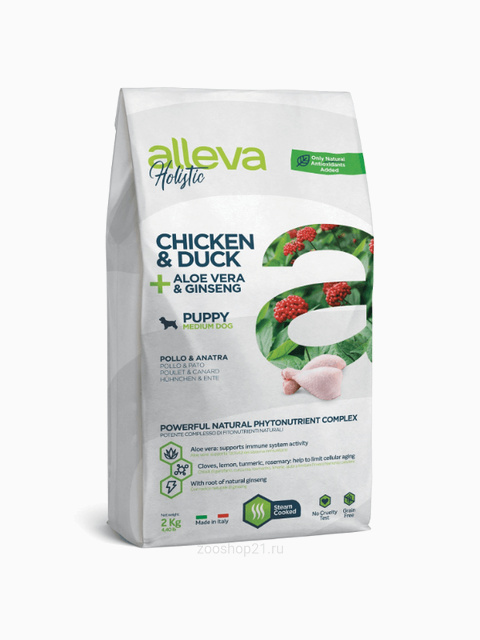 Корм Alleva Holistic Puppy Medium Chicken & Duck для щенков средних пород курица/утка/алоэ вера и женьшень, 2 кг