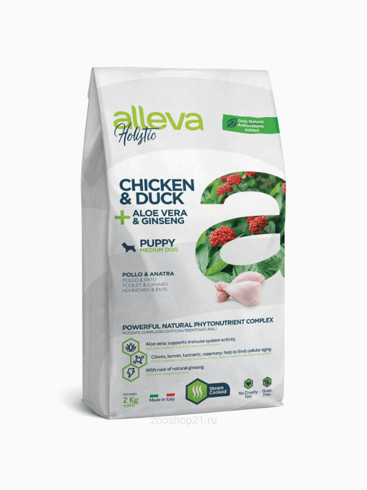 Корм Alleva Holistic Puppy Medium Chicken & Duck для щенков средних пород курица/утка/алоэ вера и женьшень, 2 кг