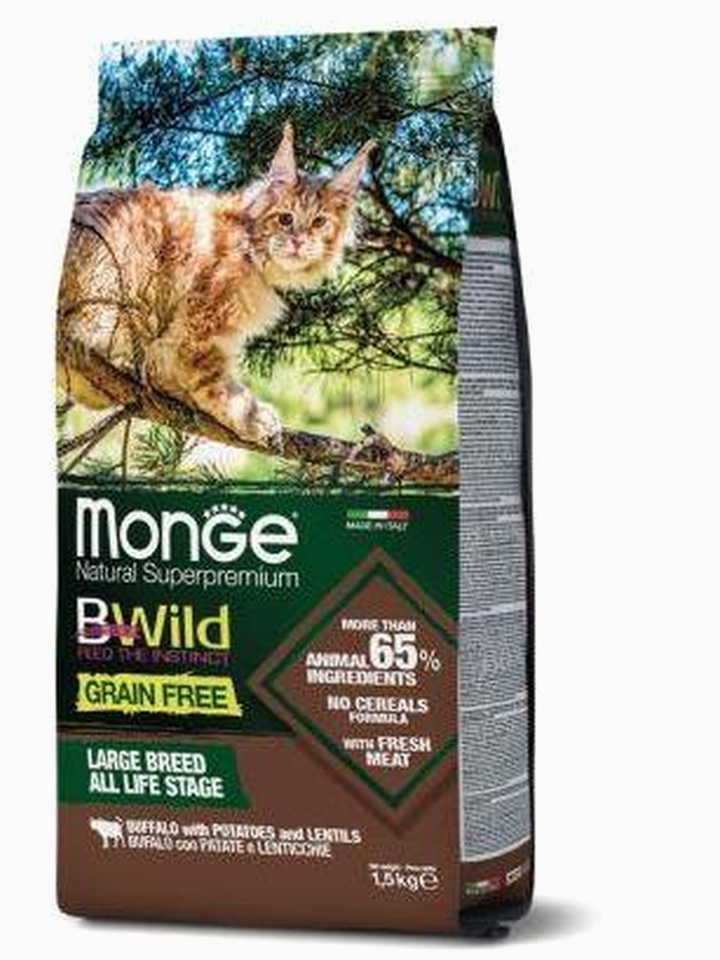 Корм Monge Cat BWild GRAIN FREE беззерновой корм из мяса буйвола для крупных кошек всех возрастов 1,5 кг