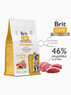 Корм Brit Care Superpremium Puppy & Junior M Healthy Growth Turkey & Duck (низкозерновой) для щенков средних пород, c индейкой и уткой, 1.5 кг