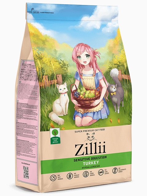 Корм Zillii Sensitive Digestion для взрослых кошек с чувствительным пищеварением, с индейкой, 2 кг