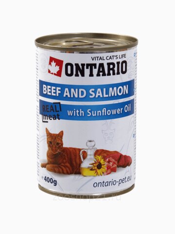 Корм Ontario консервы для кошек: говядина и лосось, ONTARIO konzerva Beef, Salmon,Sunflower Oil, 400 г