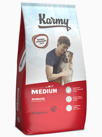 Корм Karmy Medium Junior для щенков средних пород с индейкой, 14 кг