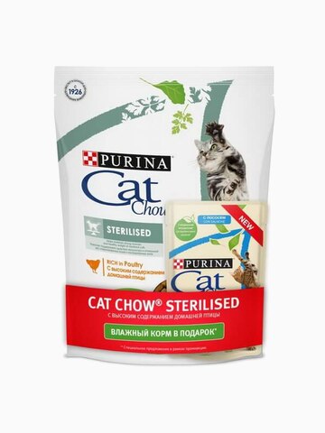 Корм Cat Chow Sterilised для стерилизованных кошек с домашней птицей, 400 г + 85 г (влажного корма) в ПОДАРОК