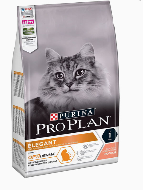Корм PRO PLAN Elegant OPTI DERMA (комплекс для поддержания здоровья кожи и красоты шерсти) для кошек с лососем, 1.5 кг