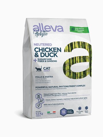 Корм Alleva Holistic Cat Neutered Chicken & Duck для стерилизованных кошек курица/утка/волокна сахарного тростника и женьшень, 1.5 кг