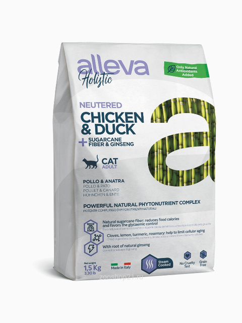 Корм Alleva Holistic Cat Neutered Chicken & Duck для стерилизованных кошек курица/утка/волокна сахарного тростника и женьшень, 1.5 кг