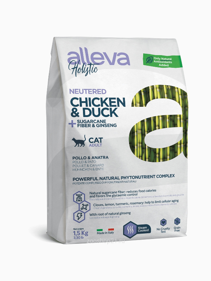 Корм Alleva Holistic Cat Neutered Chicken & Duck для стерилизованных кошек курица/утка/волокна сахарного тростника и женьшень, 1.5 кг