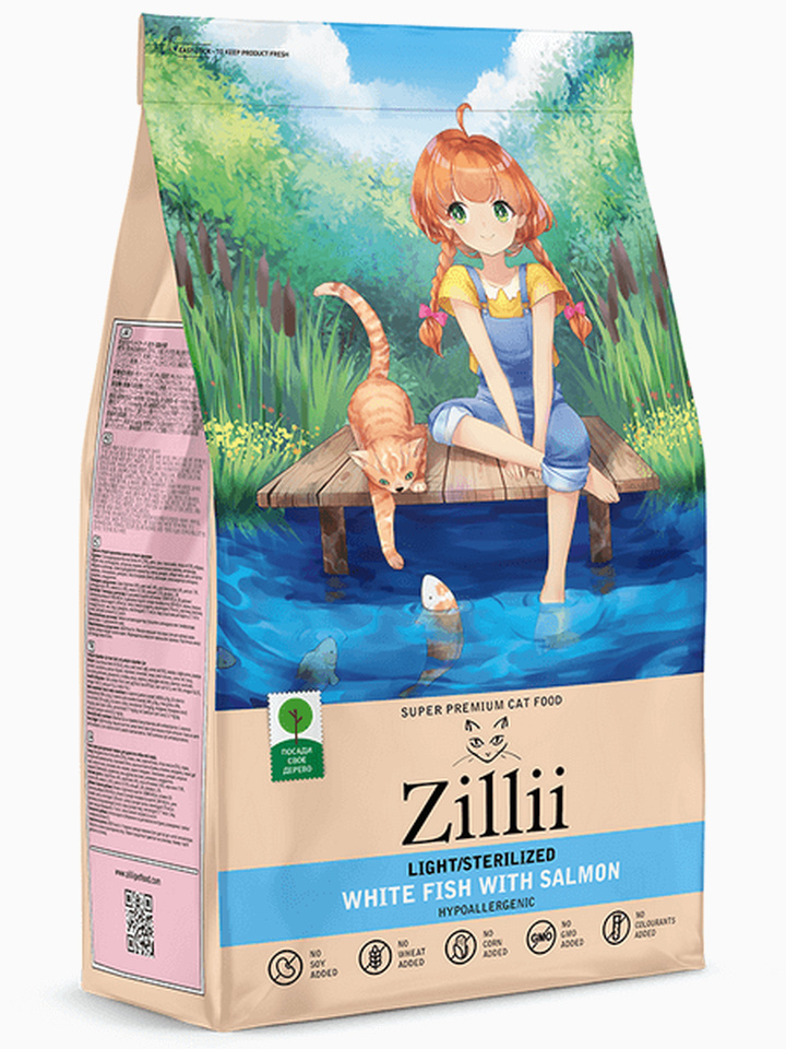 Корм Zillii Light/Sterilized для страдающих лишним весом и стерилизованных кошек, белая рыба с лососем, 2 кг