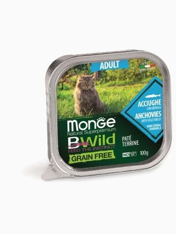 Корм Monge Cat BWild GRAIN FREE беззерновые консервы из анчоусов с овощами для взрослых кошек, 100 г