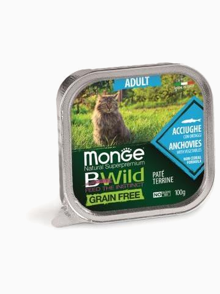 Корм Monge Cat BWild GRAIN FREE беззерновые консервы из анчоусов с овощами для взрослых кошек, 100 г