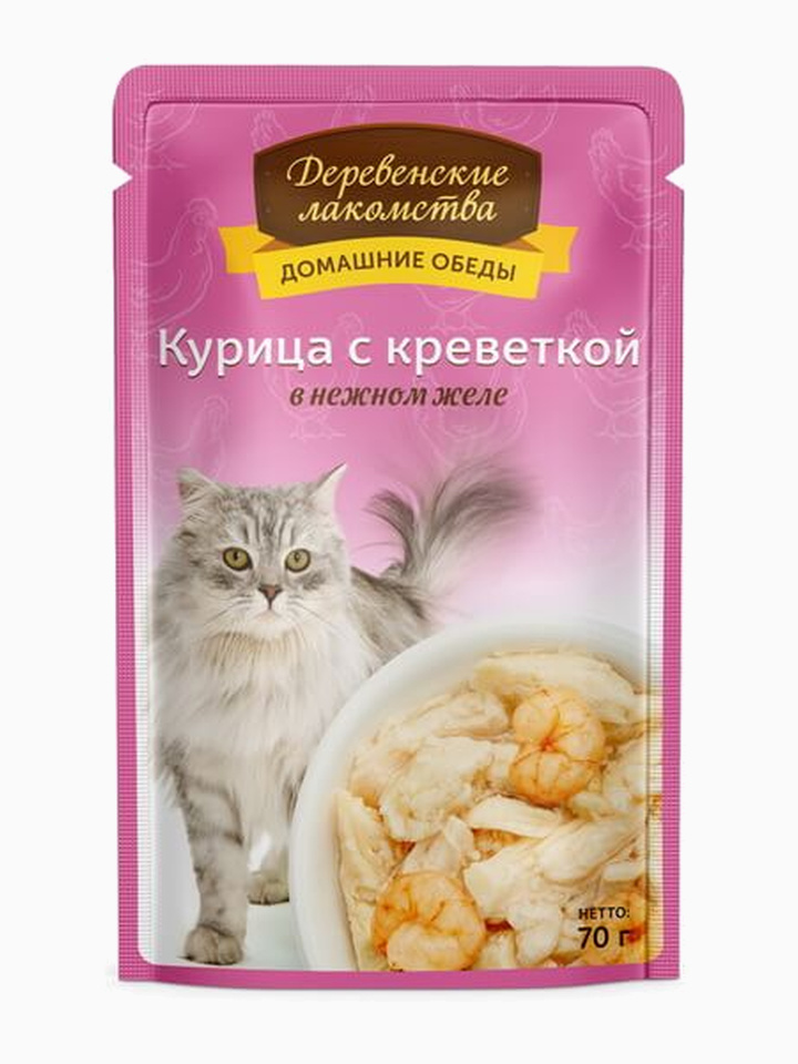 Корм Деревенские лакомства домашние обеды "курица с креветкой в желе" 70 г