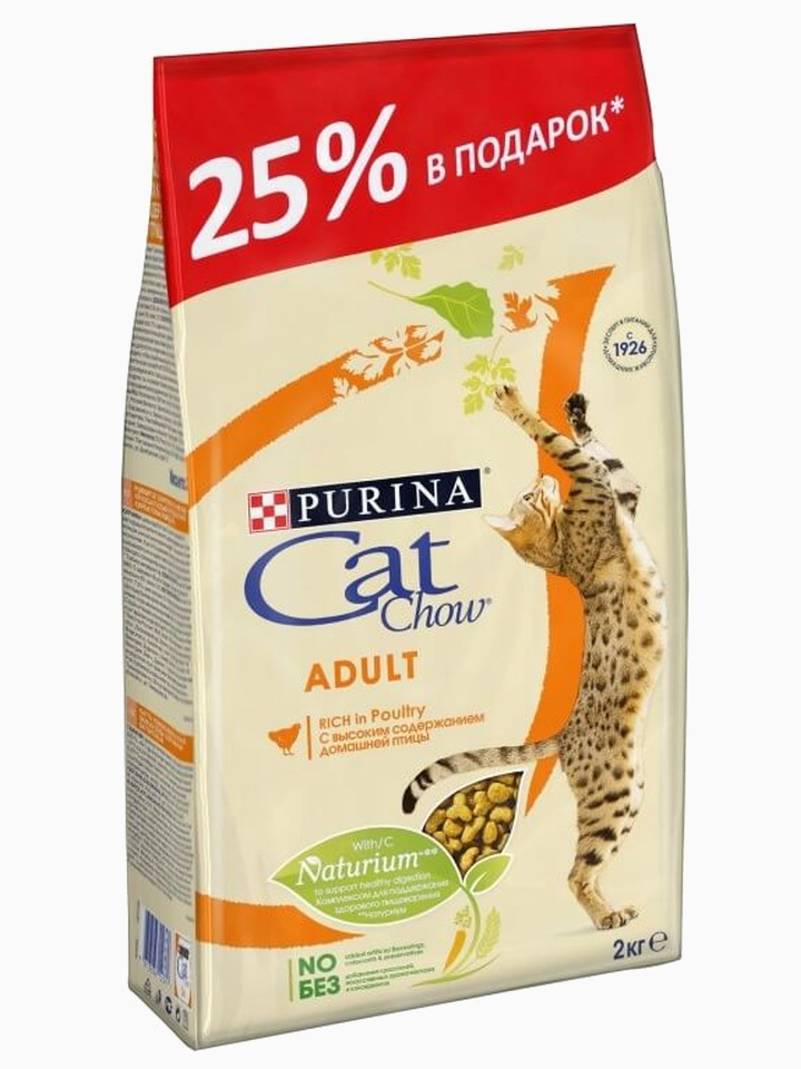 Корм Cat Chow Adult для взрослых кошек с домашней птицей, 1.5 кг + 500 г в Подарок