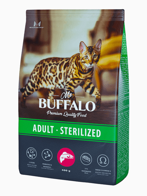 Корм MR.BUFFALO ADULT STERILIZED для взрослых кастрированных котов и стерилизованных кошек с лососем, 400 г