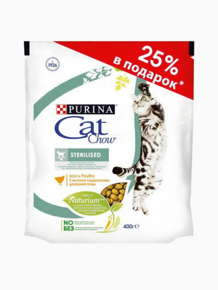 Корм Cat Chow Sterilised для стерилизованных кошек с домашней птицей, 300 г + 100 г в ПОДАРОК