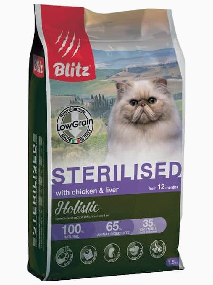 Корм Blitz Holistic Sterilised Chicken & Liver (низкозерновой) для стерилизованных кошек курица и печень, 1.5 кг