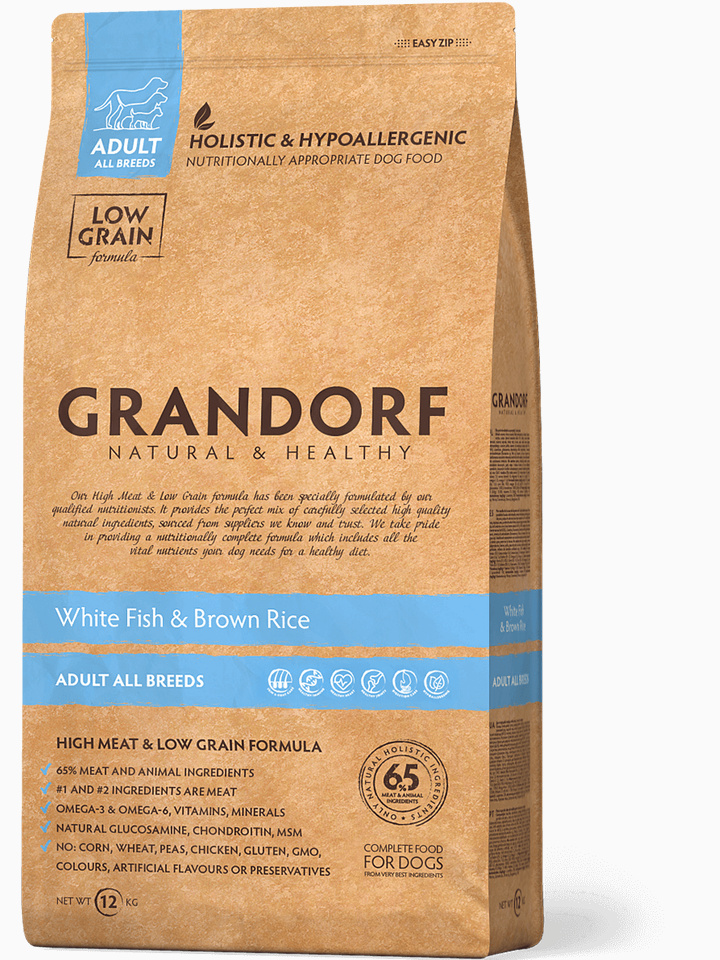 Корм Grandorf Adult All Breeds для собак всех пород (низкое содержание зерна) белая рыба с рисом, 3 кг