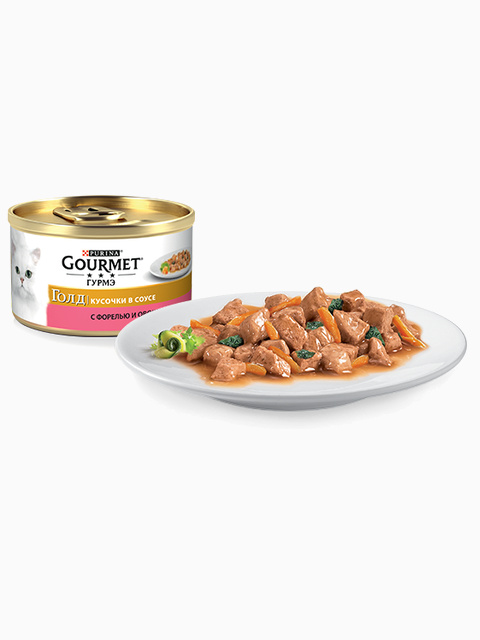 Консервы "Gourmet Gold кусочки в соусе" для кошек с форелью и овощами, 85 г