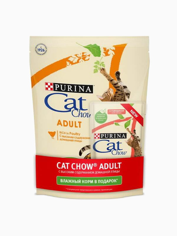 Корм Cat Chow Adult для взрослых кошек с домашней птицей, 400 г + 85 г (влажного корма) в ПОДАРОК