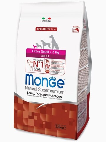 Корм Monge Dog Speciality Extra Small для взрослых собак миниатюрных пород ягненок с рисом и картофелем, 2.5 кг