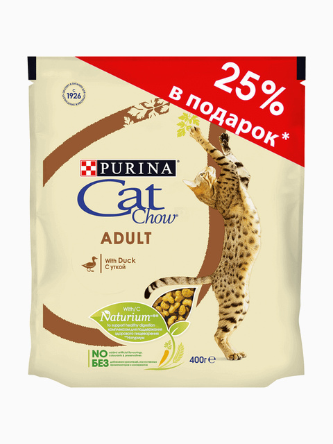 Корм Cat Chow Adult Duck для взрослых кошек с уткой, 300г + 100г в ПОДАРОК