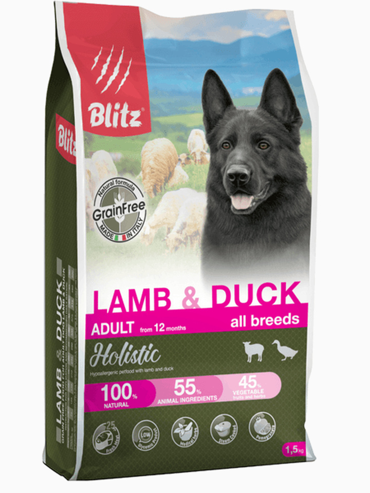 Корм Blitz Holistic Lamb & Duck (беззерновой) для собак, ягненок и утка, 1.5 кг