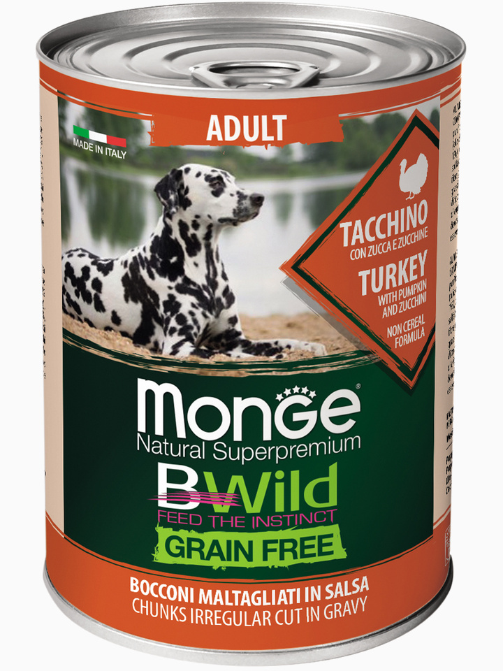 Корм Monge Dog BWild GRAIN FREE беззерновые консервы из индейки с тыквой и кабачками для взрослых собак всех пород 400г