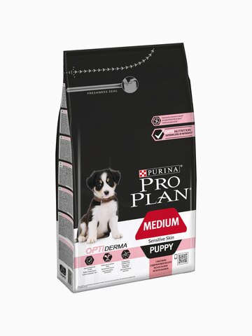 Корм PRO PLAN PUPPY Medium OPTI DERMA (для поддержания здоровья кожи и красоты шерсти) для щенков средних пород с чувствительной кожей с лососем, 1.5 кг