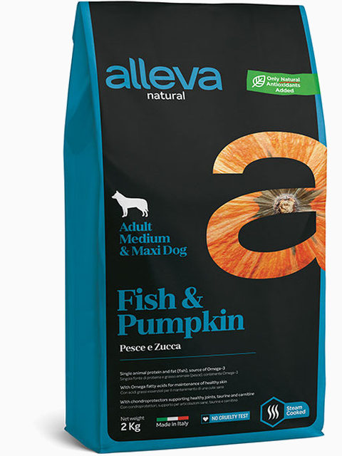 Корм Alleva Natural для собак средних и крупных пород рыбой и тыквой, 12 кг