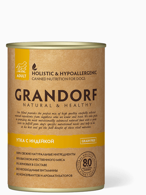 Корм GRANDORF консервы для собак утка с индейкой, 400 г