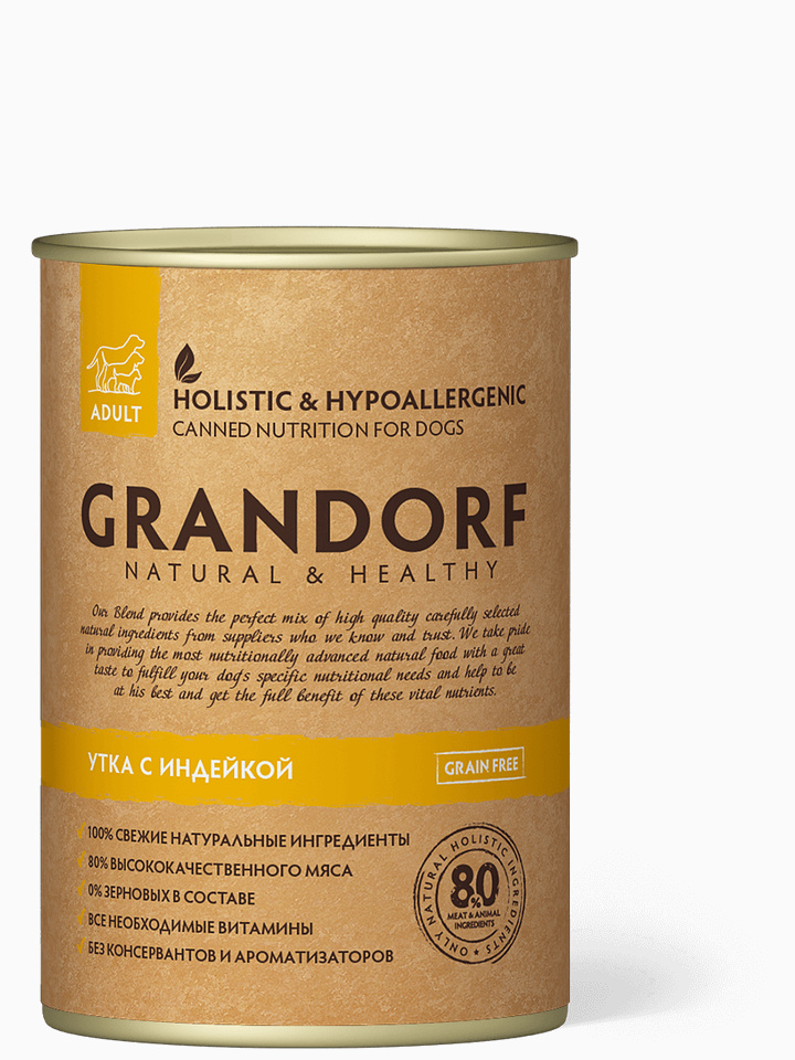 Корм GRANDORF консервы для собак утка с индейкой, 400 г