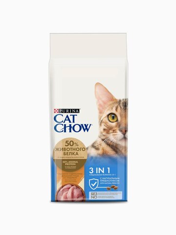 Корм Cat Chow 3 in 1 для кошек тройная защита 3 в 1 (МКБ/вывод шерсти/защита зубов), 15 кг