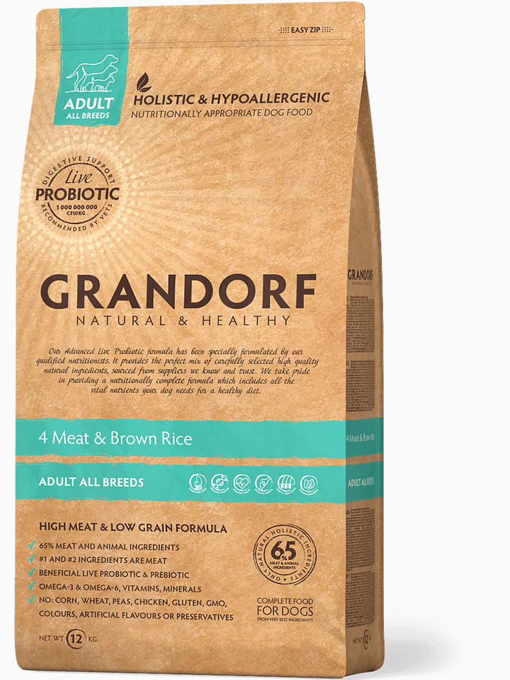 Корм Grandorf Adult All Breeds для собак всех пород (низкое содержание зерна) с ПРОБИОТИКАМИ, 4 вида мяса с рисом, 1 кг